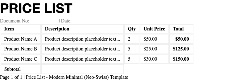 Modern minimal neo swiss price list Template